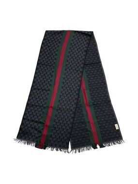 Gucci Sherry Line Wool Silk Scarf Shawl Fringe GG Logo All Over Print Gray